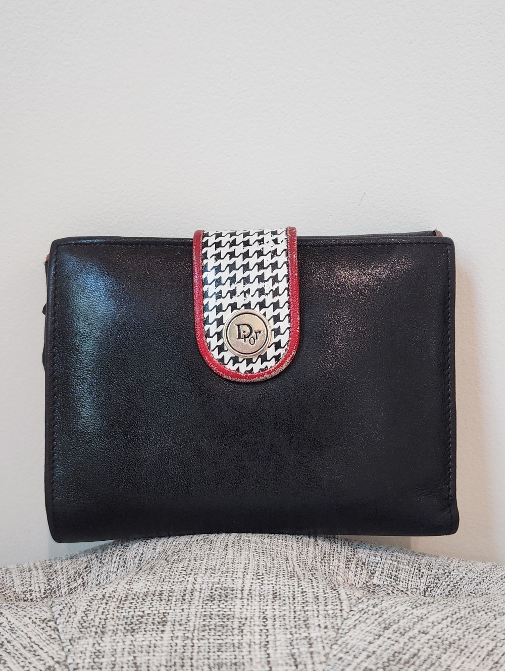 Vintage Dior Black Leather Wallet with Coin Purse Houndstooth Snap Red Accent